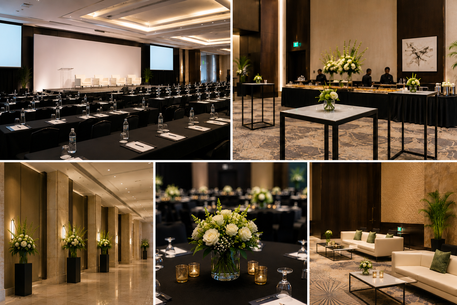 Corporate conference and lounge spaces styled with refined décor