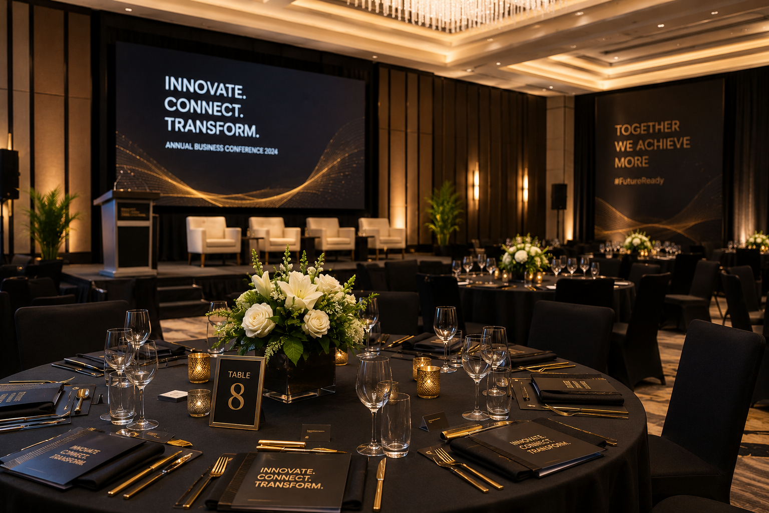 Elegant gala dinner setting with gold accents and floral centrepieces