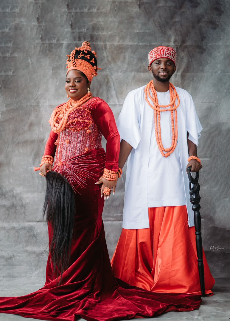 Couple in traditional Edo coral-bead attire