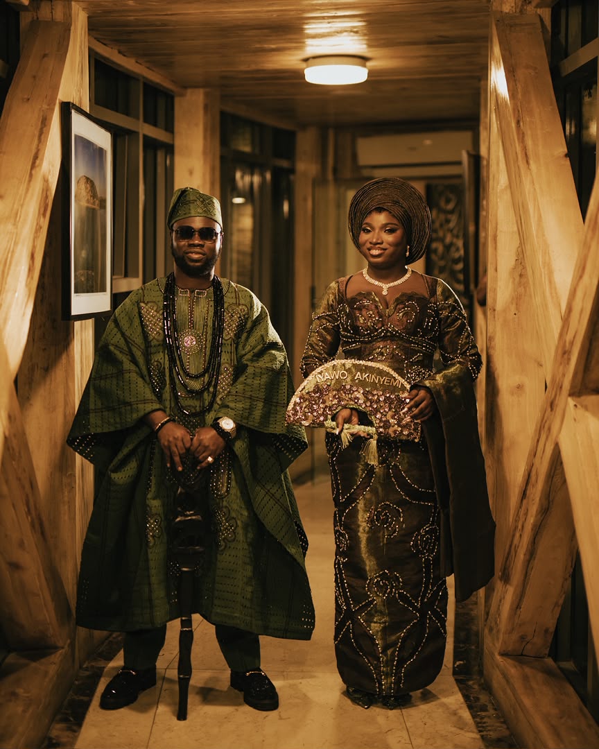 Couple in olive aso-oke Yoruba attire