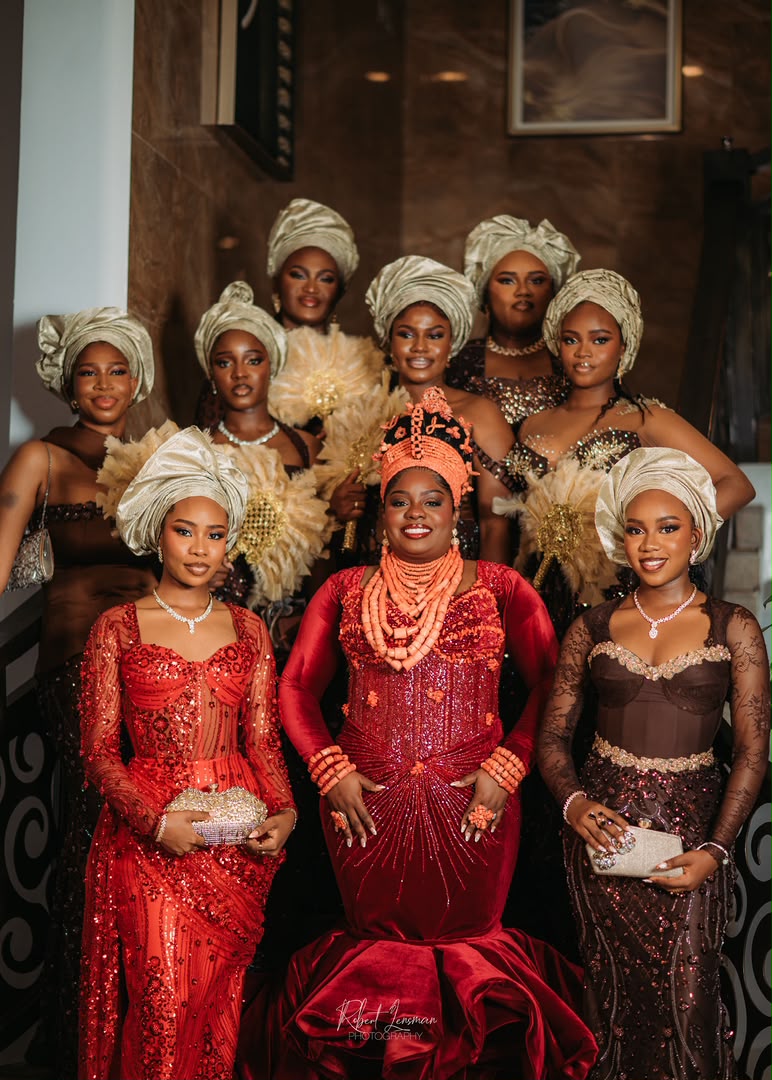 Bride with her bridal party in coordinated attire